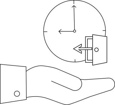 Kapısı olan bir saati tutan bir elin tasviri, zaman yönetimini, teslim tarihlerini ve zaman kısıtlamalarından kaçma kavramını simgeliyor..