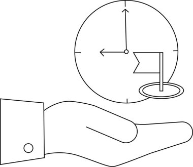 Zaman yönetimini, teslim tarihlerini ve belirli bir zaman aralığında hedeflere ulaşmayı sembolize eden, bayrak taşıyan bir el saati tutar. Çizgi çizimi.