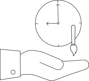 Boya fırçasıyla saati tutan bir elin tasviri, zaman yönetimini, yaratıcı programlamayı ve sanatsal teslim tarihlerini sembolize ediyor..