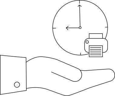 Zaman yönetimi ve teslim tarihlerini temsil eden, içinde bir yazıcı olan saati tutan bir elin resmi.