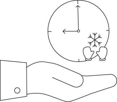 Kış mevsiminde zaman yönetimini temsil eden kış sembollü bir saati tutan bir el. Vektör illüstrasyonu.