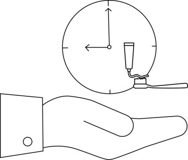 Diş macunu ve diş fırçasıyla saati tutan bir elin minimalist çizgisi, diş bakımı zamanlamasını sembolize ediyor..