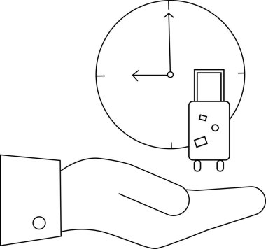 Arka planda saati olan bir el bagajı taşıyarak seyahat zamanı yönetimi ve planlama kavramını gözler önüne seriyor..