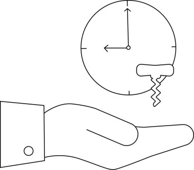 Zaman yönetimi zorluklarını ve stresi sembolize eden erimiş bir saat sunan bir el. Bitiş tarihleri ve baskı gibi kavramlar için çizgi çizimi.