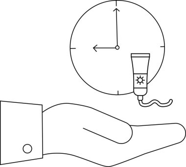 Güneş kremini arka planda bir saatle tutan bir el tasviri, tam zamanında güneş korumasının önemini temsil ediyor..