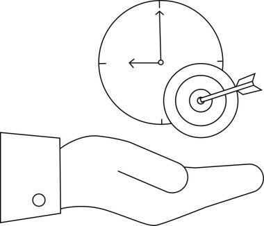 Hedefe ok ve saat saplanmış bir el çizimi, zaman yönetimi, hedefler ve teslim tarihlerini temsil ediyor..
