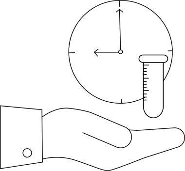 Bir el, zaman duyarlı tıbbi araştırmaları ya da laboratuvar çalışmalarını sembolize eden, arka planda bir saati olan bir test tüpünü tutar. Görüntü aciliyeti ve hassasiyeti temsil ediyor..