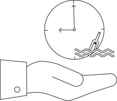 Zaman ve iletişimi sembolize eden, şişede bir saat ve bir mesaj tutan bir el..