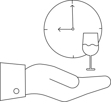 Arka planda bir saat olan şarap kadehini tutan bir el tasviri, şarap zamanının geldiğini gösteriyor..