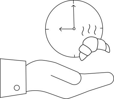 Bir el bir saat ve kruvasan sunar, kahvaltı saatini ve servisi simgeler, minimalist bir sanat tarzında..