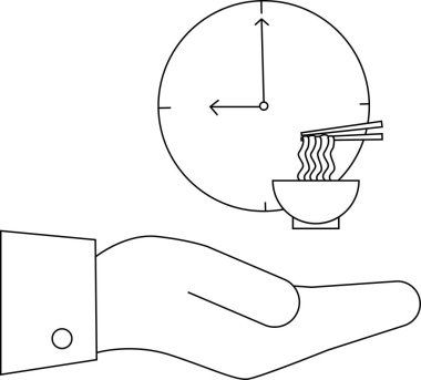 Bir el, öğle yemeği ya da yemek molası konseptini simgeleyen saatin altında bir kase erişte sunar..