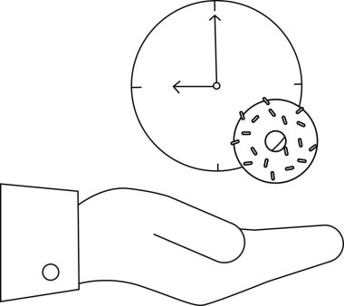 Bir el, zaman yönetimi ve hoşgörüyü sembolize eden bir saat ve çörek sunar. Çok yönlü kullanım için siyah beyaz çizgi sanatı.