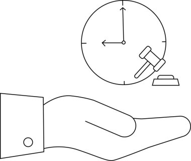 Bir el, zaman müzayedesini, son teslim tarihlerini ve teklifleri sembolize eden bir saat sunar. Zaman yönetimi, yasal teslim tarihleri ve müzayede kavramları için ideal.