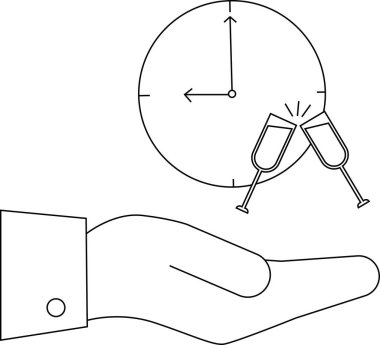 Bir el, şampanya kadehleri ve saatle sembolize edilmiş kutlama zamanı sunar..