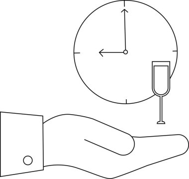 Bir el bir saat ve içki sunar, rahatlama ve rahatlama zamanını sembolize eder. Siyah beyaz çizgi sanatı.