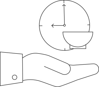 Tabakla saat sunan bir el, yemek ya da mola zamanını sembolize eden bir minimalist çizgi çizimi..