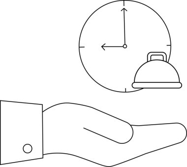 Arka planda yemek kubbesi olan bir eli betimleyen bir çizgi çizimi, yemek servisini simgeliyor..