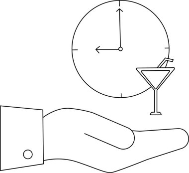 Bir elin saat ve kokteyl tutuş çizgisi çizimi, mutlu saati ve boş zamanı sembolize eder..
