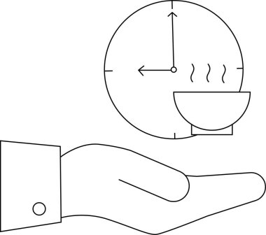 Aralıklı oruç tutmanın kavramsal çizimi, arka planda saat olan bir kase yemek sunan bir el gösterimi, zaman yönetimini ve beslenme kısıtlamalarını sembolize ediyor.