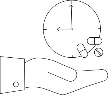 Arka planda saati olan hapları tutan bir el ilaç hatırlatıcısını ve sağlık hizmetlerini sembolize eder..
