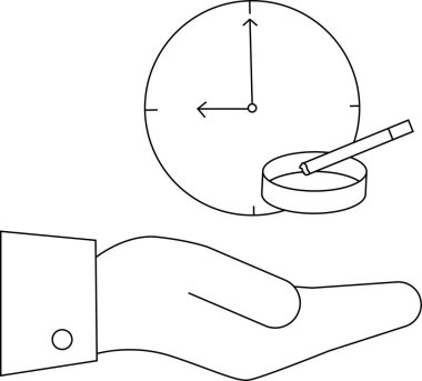 Bir el, saat 9: 00 'u gösteren bir minimalist illüstrasyon ve bir molayı ya da duraklamayı simgeleyen kül tablasında bir sigara..