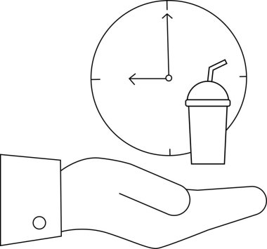 Bir el, bir içki sunar, arka planda bir saat, bir mola ya da ferahlatıcı zaman önerir.