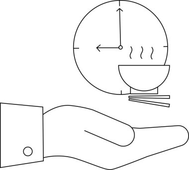 Bir el yemek kasesini sunar, buhar yükselir, saat arkaplanına dayanır, öğle yemeği konseptini sembolize eder.