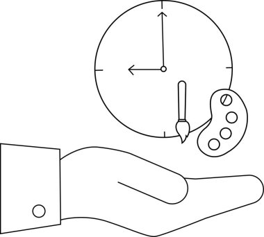 Bir el, yaratıcılık ve sanatsal ifade için zamanı sembolize eden bir saat, boya fırçası ve palet sunar..