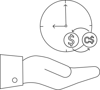 Para birimi sembollü saati tutan bir el, zaman kavramını gösteren para ve zamanın değeridir..