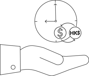 Bir el, içinde Amerikan doları ve Hong Kong dolar sembolleri bulunan bir saati tutuyor ve zaman kavramının para ve para değişimi olduğunu gösteriyor..