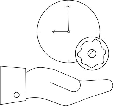 Zaman yönetimini, verimliliği ve verimliliği sembolize eden saat ve teçhizatı tutan bir el. İş, planlama ve iş akışı kavramları için ideal.