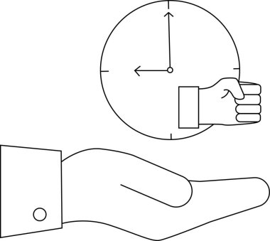 Zaman yönetiminin kavramsal illüstrasyonu. Bir el, teslim tarihlerini ve zamanı etkili bir şekilde yönetmenin önemini simgeleyen bir saati tutar. Çizgi sanatı.