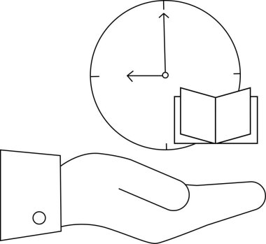 Zaman yönetimini, öğrenmeyi ve programlamayı temsil eden, saat ve kitap tutan bir elin resmi.