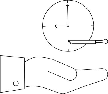 Zaman yönetiminin kavramsal çizimi, bir el, saat ve bıçak, zamanı kontrol ve hassasiyeti sembolize eder.