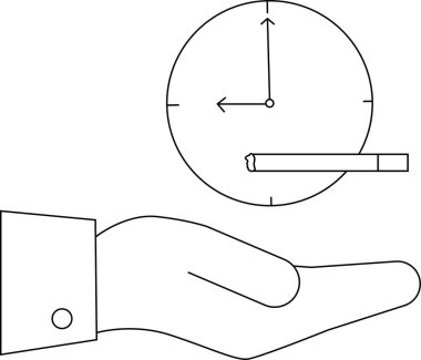 Saati tutan bir el, zaman yönetimini, verimliliği ve teslim tarihlerini sembolize ediyor. Minimalist çizgi çizimi.