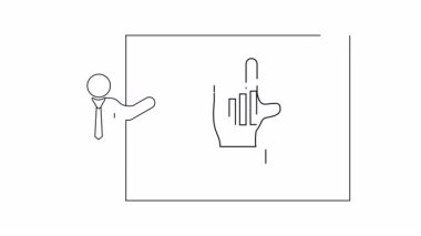 Sunucu, şirket ortamında iş stratejisini, büyümeyi ve yenilikçi çözümleri sembolize eden el şeklinde bir grafiğe işaret eder..