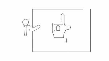 Ekranda ev simgesini tutan bir el ile bir emlak sunumunun basit bir çizgi çizimi.