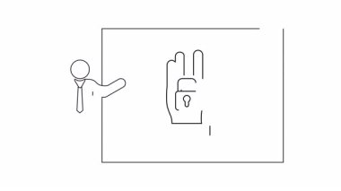 Bir sunucunun basit bir çizgi çizimi bir ekranın yanında duruyor asma kilidi olan bir eli gösteriyor, güvenliği simgeliyor..