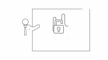 Verileri açmaya ve erişim kontrolüne odaklanarak güvenlik üzerine sunum yapan birini gösteren bir sunum slaytı. Siber güvenlik kavramlarını resmetmek için ideal.