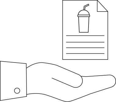 Bir el, üzerinde içki ikonu olan bir belge tutuyor. Resim bir çizgi çizimi..
