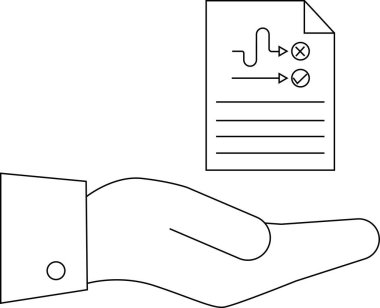 Bir el, planlama, strateji veya karar verme mekanizmasını temsil eden, akış çizelgesi ve işaretli bir belge tutuyor.