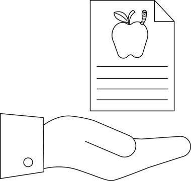 Bir el, bir elmanın solucanlı basit bir çizimiyle bir kağıt yaprağını tutar. Eğitimi ya da öğrenmeyi simgeler..