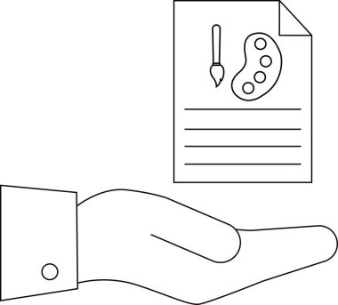 Bir el, yaratıcılığı ve sanatsal ifadeyi sembolize eden fırça ve palet içeren bir belge sunar. Resim sanat, tasarım ve yaratıcı projeleri temsil eder..