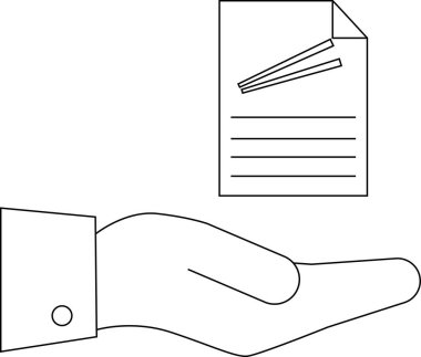 Ticari, hukuki veya idari temalar için uygun bir belgeyi tutan bir elin basit bir çizgisi çizimi.