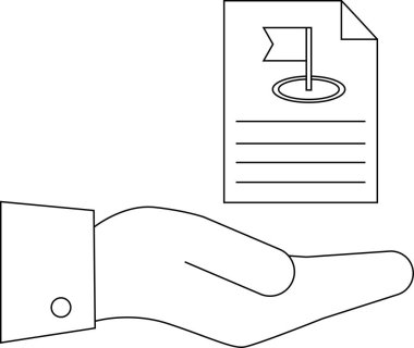 Bir el, iş veya kişisel bağlamda hedefleri, başarıları veya stratejik planlamayı sembolize eden bir golf bayrağı simgesini içeren bir belge sunar..