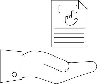 Bir el, bir düğme simgesini işaret eden, yardımı veya rehberliği sembolize eden, bir parmak ile bir belgeyi tutarken çizilmiş..