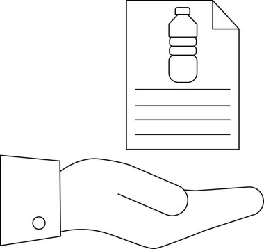 Bir el, geri dönüşüm ve çevre bilincini sembolize eden plastik şişe illüstrasyonlu bir belge tutuyor. Eğitici veya bilgilendirici kullanım için basit satır sanatı.
