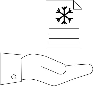 Bir el, kış ya da soğuk ile ilgili bilgi ya da hizmetleri temsil eden kar tanesi sembollü bir belge tutar. Basit çizgi çizimi.
