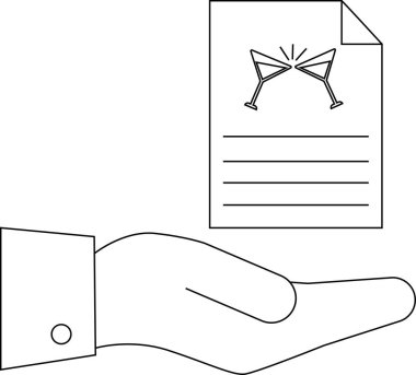 Bir el, kokteyl bardakları ve kutlamaları sembolize eden bir davetiye sunar. Parti planlama ve etkinlik tasarımı için ideal.