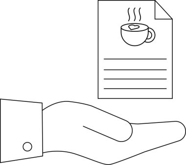 Bir el kahve fincanı illüstrasyonunun yer aldığı, kahve ya da kafe kültürüyle ilgili teklifleri, teklifleri ya da davetiyeleri simgeleyen bir belge sunar.